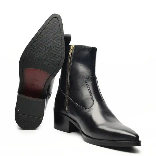 Man'Black Leather Zip Ankle Boots – Block Heel | Premium Comfort