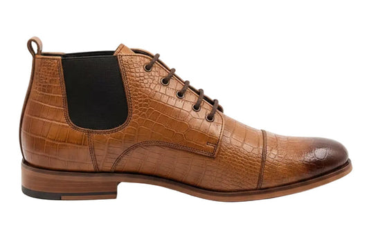 Regalstep Men's Brown Crocodile Texture Lace-Up Ankle Boots