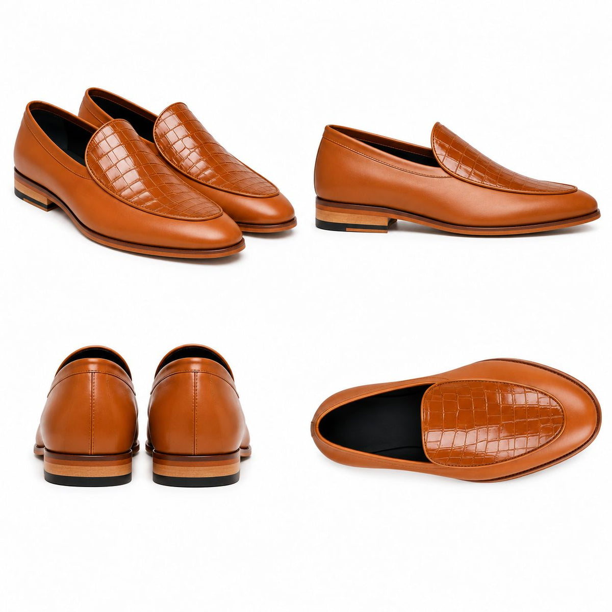 Four views of a pair of men's tan leather loafers on a white background, showing the front, side, back, and top-down views of the shoe with croc-embossed detailing on the toe and side panels.