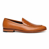 A single tan leather loafer with a crocodile-embossed texture on the vamp, shown in a side profile against a white background.