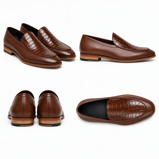 RegalStep Men's Premium Brown Leather Croc Textured Slip-On Loafers