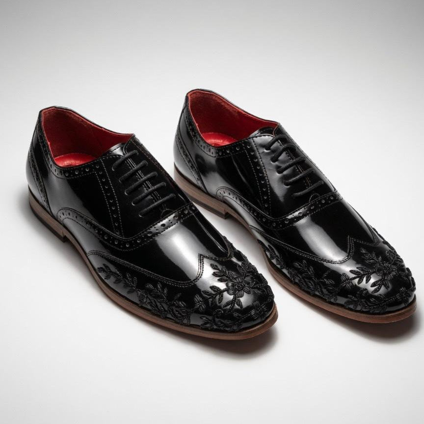 Premium Black Patent Brogues with Intricate Threadwork