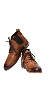 Regalstep Men's Brown Crocodile Texture Lace-Up Ankle Boots