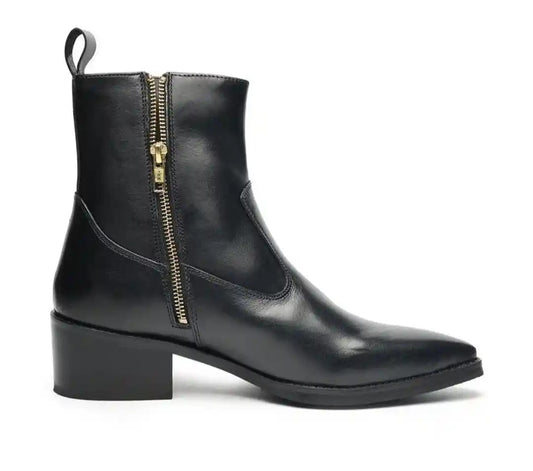 Man'Black Leather Zip Ankle Boots – Block Heel | Premium Comfort